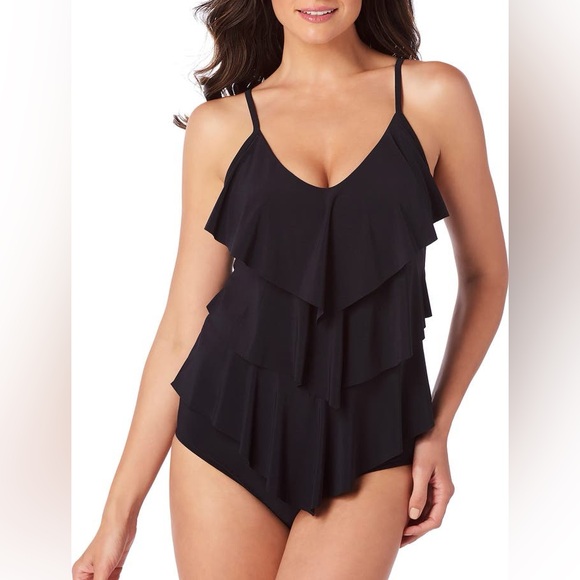 Magicsuit Other - Magicsuit Tiered Ruffled Angled Tankini Swim Top Black Stretch Compression sz 12
